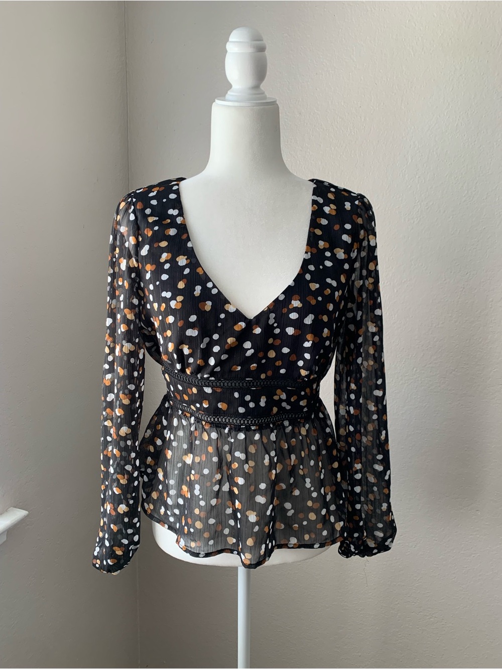 Miami Black Polka Dot V-Neck Peplum Blouse with White and Tan Dots